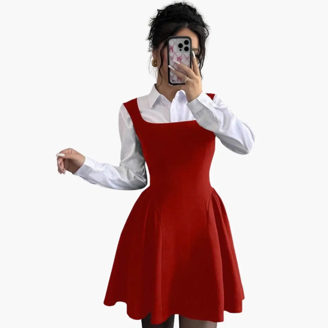 Women’s A-Line Dress with Square Neckline and Flowing Skirt