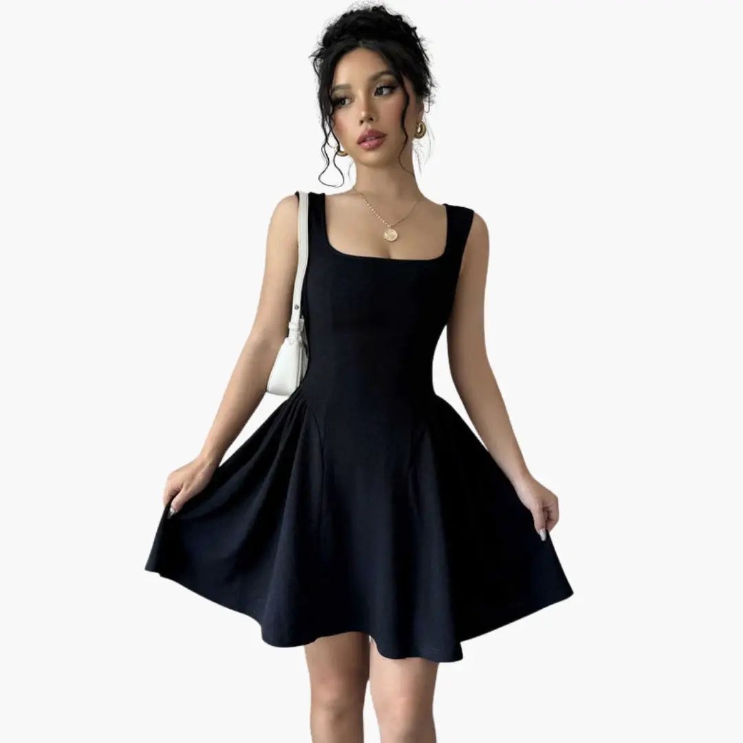 Women’s A-Line Dress with Square Neckline and Flowing Skirt