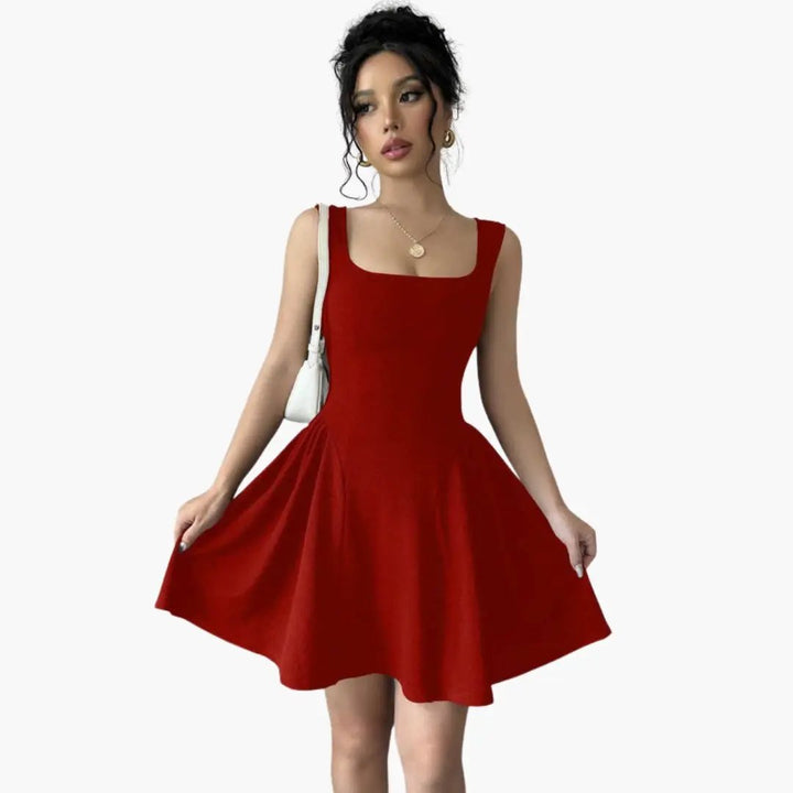 Women’s A-Line Dress with Square Neckline and Flowing Skirt