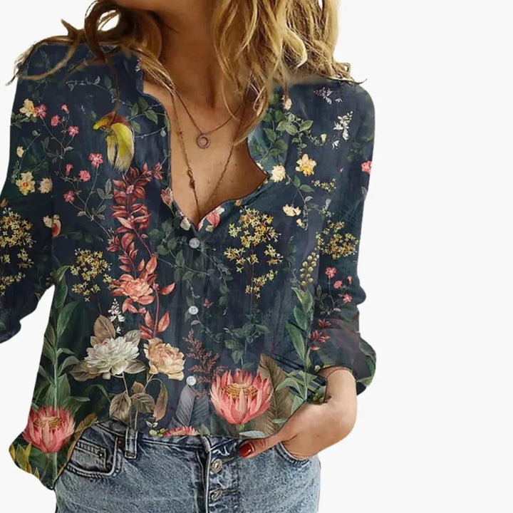 Women’s Artistic Print V-Neck Blouse – Long Sleeve Top