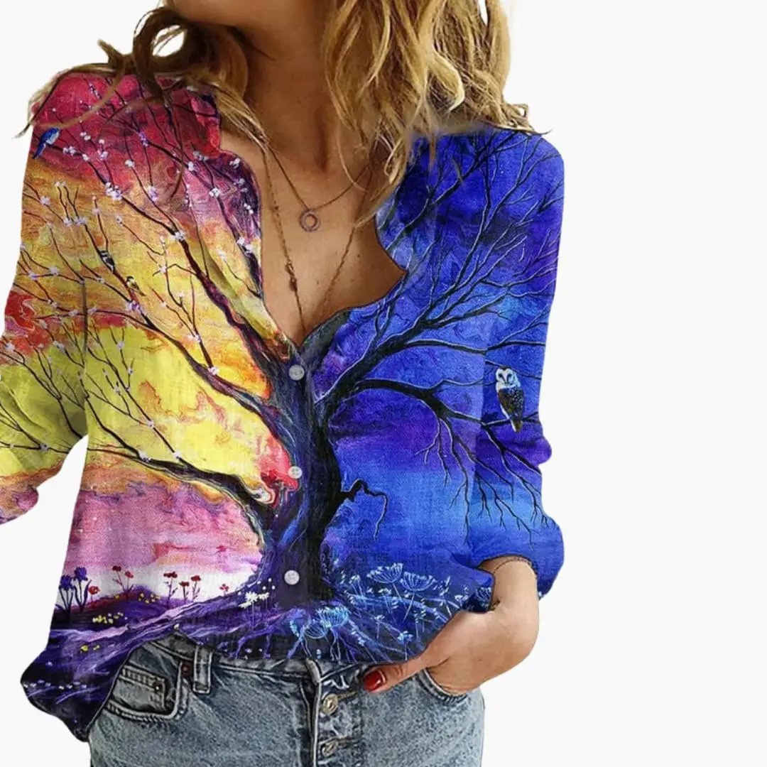 Women’s Artistic Print V-Neck Blouse – Long Sleeve Top