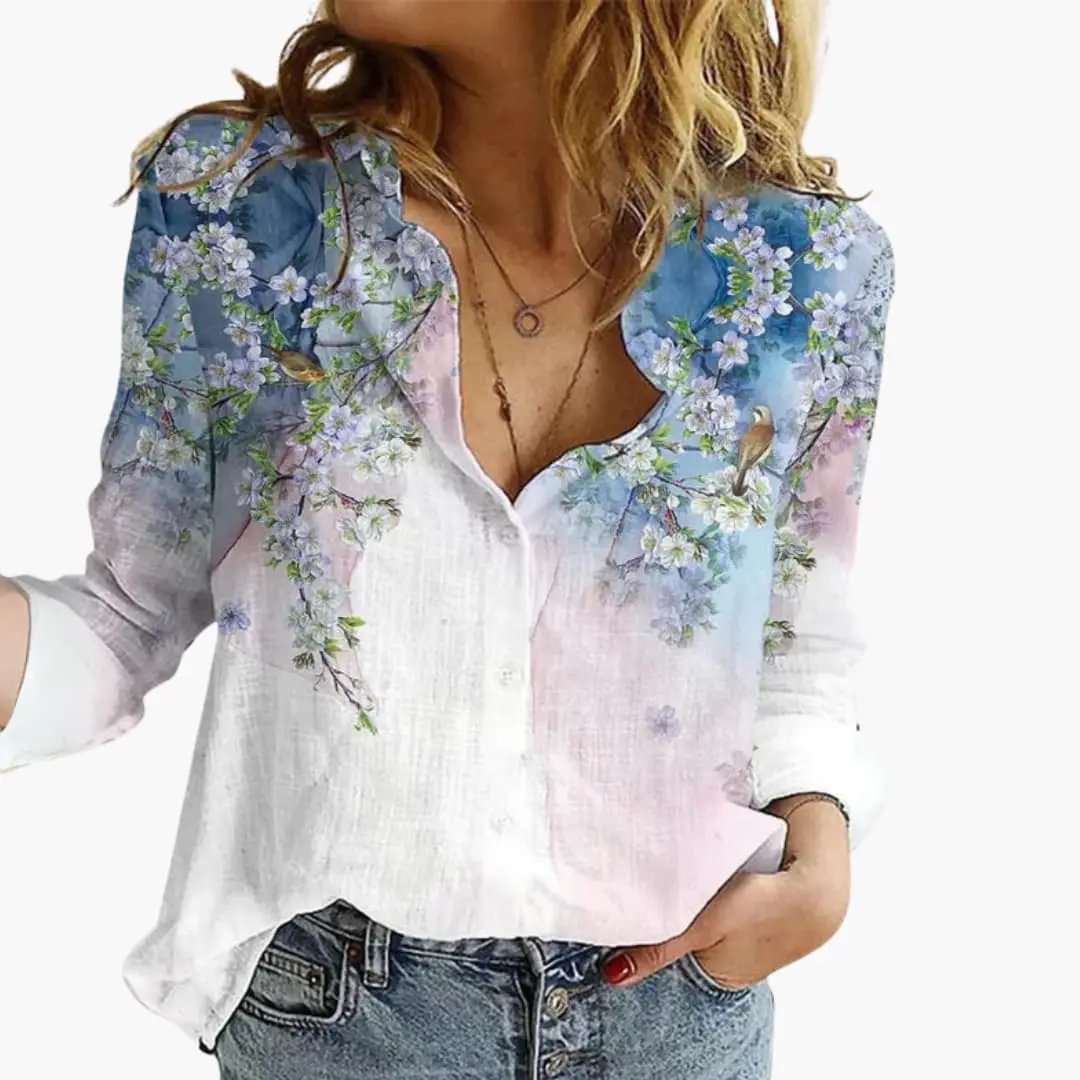 Women’s Artistic Print V-Neck Blouse – Long Sleeve Top