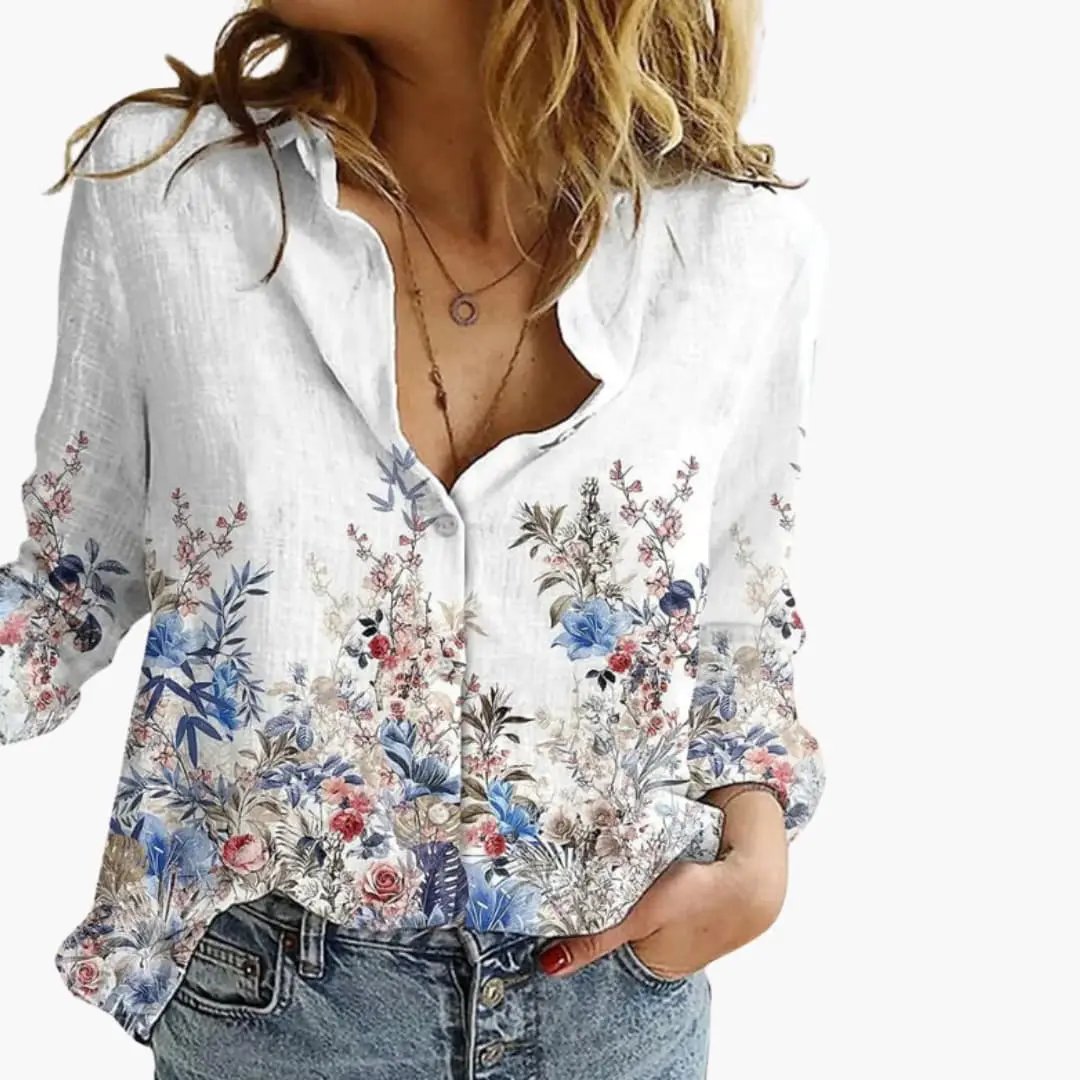 Women’s Artistic Print V-Neck Blouse – Long Sleeve Top