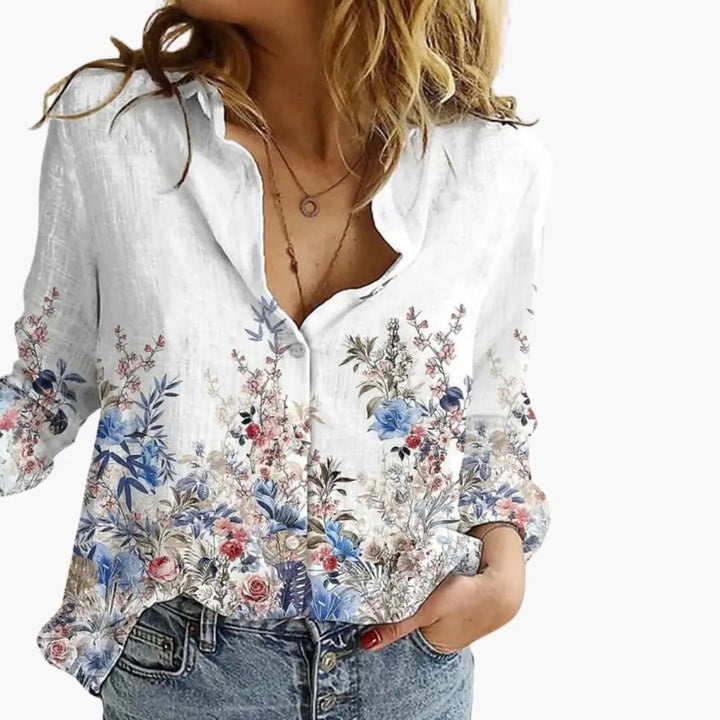 Women’s Artistic Print V-Neck Blouse – Long Sleeve Top