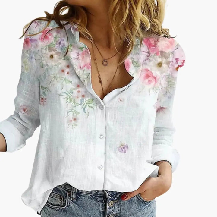 Women’s Artistic Print V-Neck Blouse – Long Sleeve Top