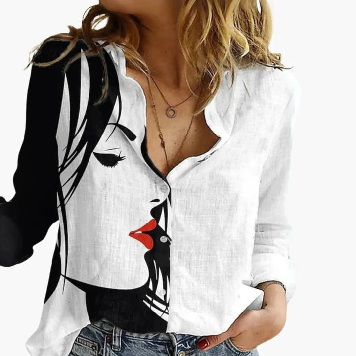 Women’s Artistic Print V-Neck Blouse – Long Sleeve Top