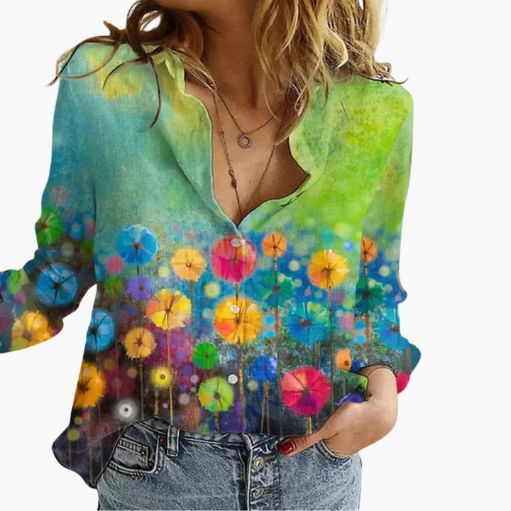 Women’s Artistic Print V-Neck Blouse – Long Sleeve Top