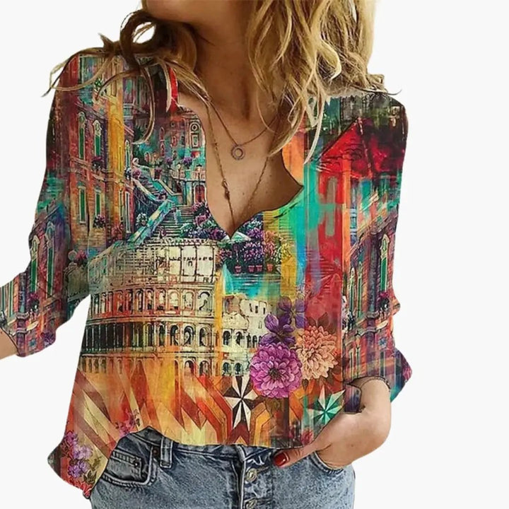 Women’s Artistic Print V-Neck Blouse – Long Sleeve Top
