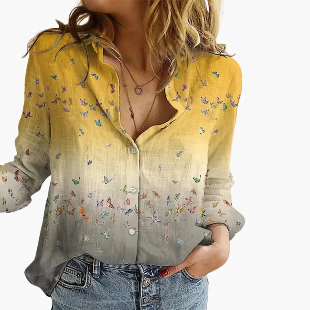 Women’s Artistic Print V-Neck Blouse – Long Sleeve Top