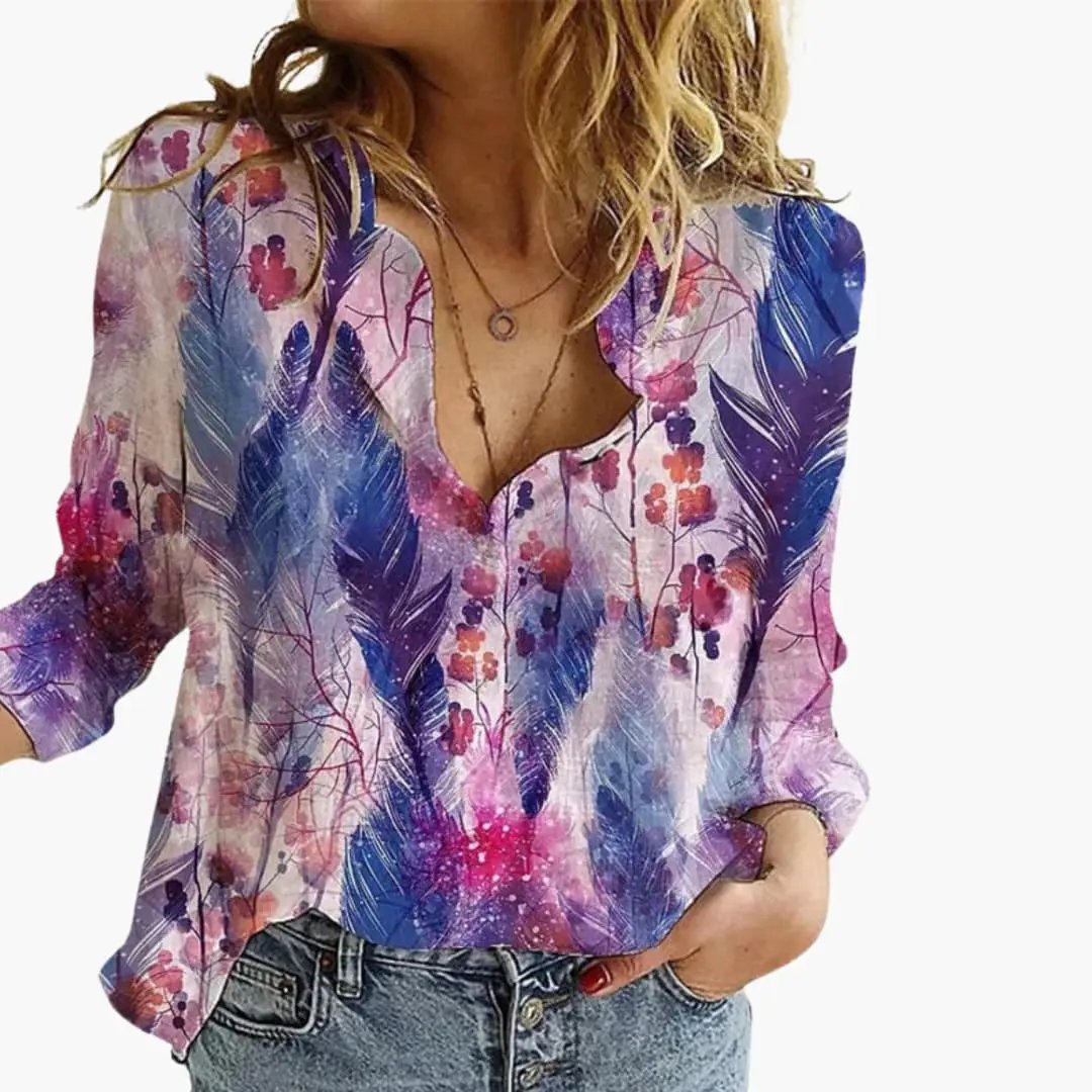 Women’s Artistic Print V-Neck Blouse – Long Sleeve Top