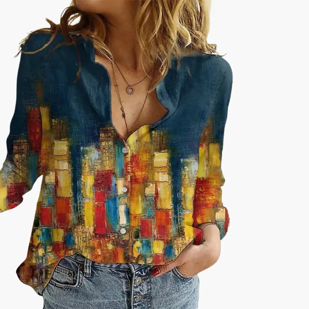 Women’s Artistic Print V-Neck Blouse – Long Sleeve Top
