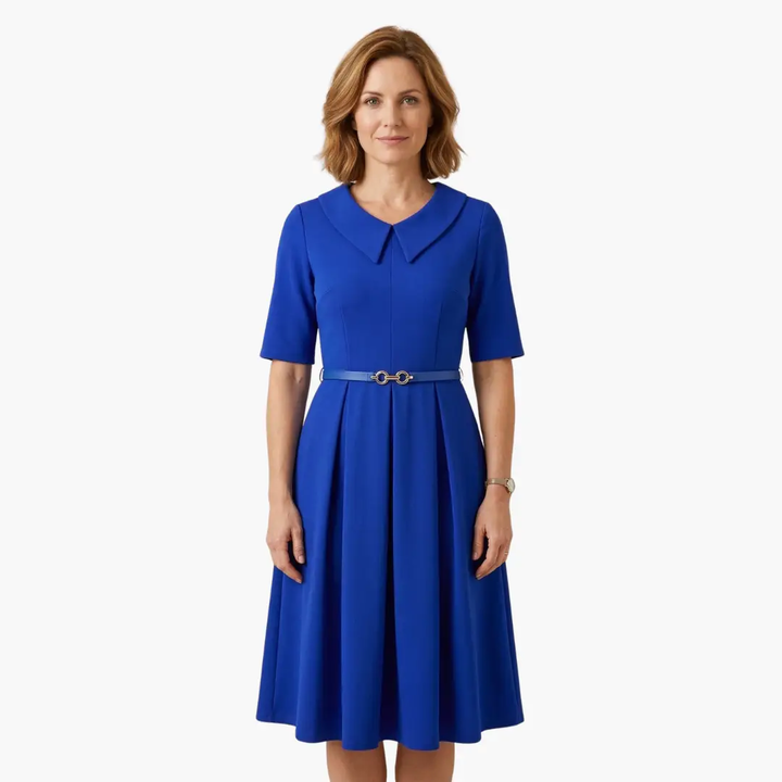 Women’s Asymmetrical Neck Midi Dress with Waist Belt and 3/4 Sleeves