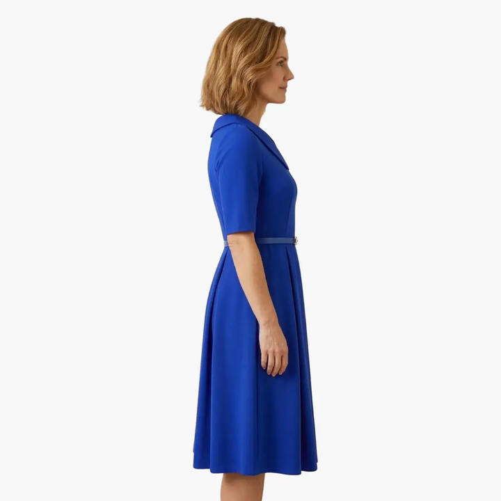 Women’s Asymmetrical Neck Midi Dress with Waist Belt and 3/4 Sleeves