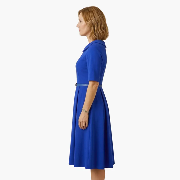 Women’s Asymmetrical Neck Midi Dress with Waist Belt and 3/4 Sleeves