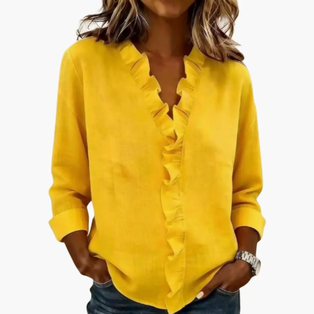 Women's Blouse with Ruffled V-Neck and Long Sleeves