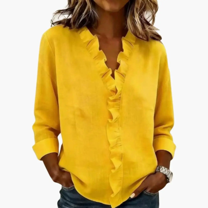 Women's Blouse with Ruffled V-Neck and Long Sleeves