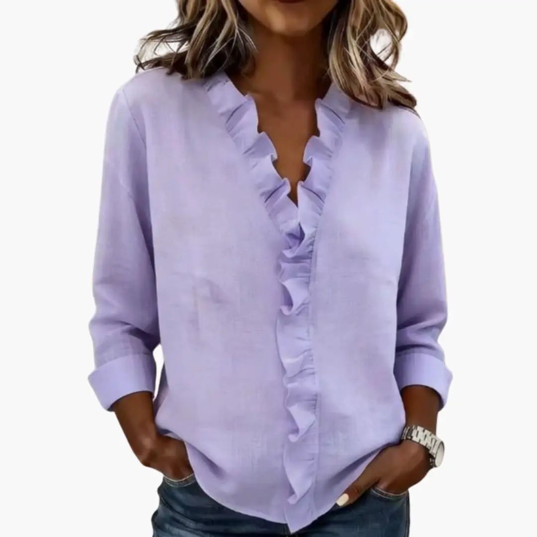 Women's Blouse with Ruffled V-Neck and Long Sleeves