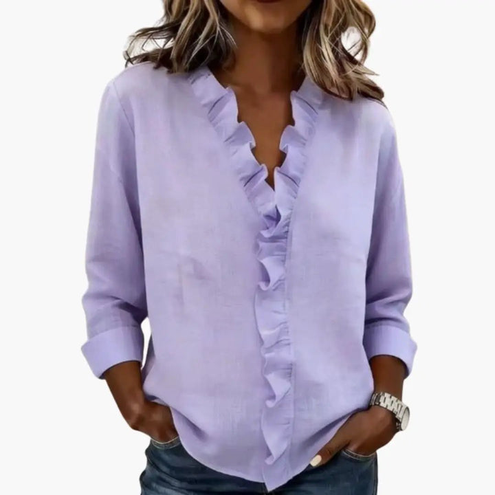 Women's Blouse with Ruffled V-Neck and Long Sleeves