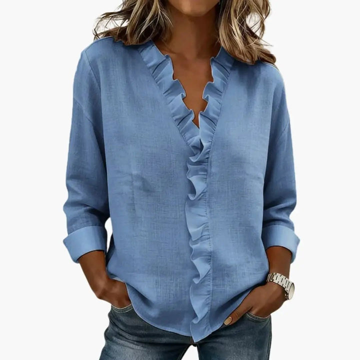 Women's Blouse with Ruffled V-Neck and Long Sleeves