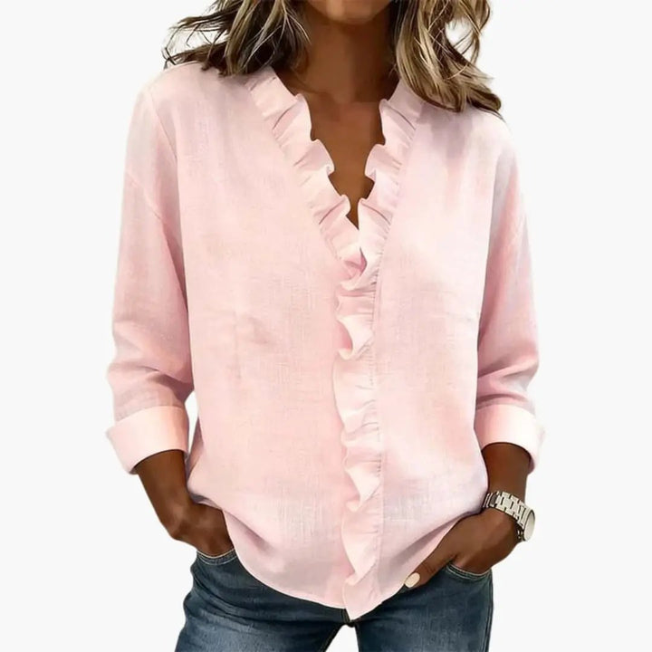 Women's Blouse with Ruffled V-Neck and Long Sleeves