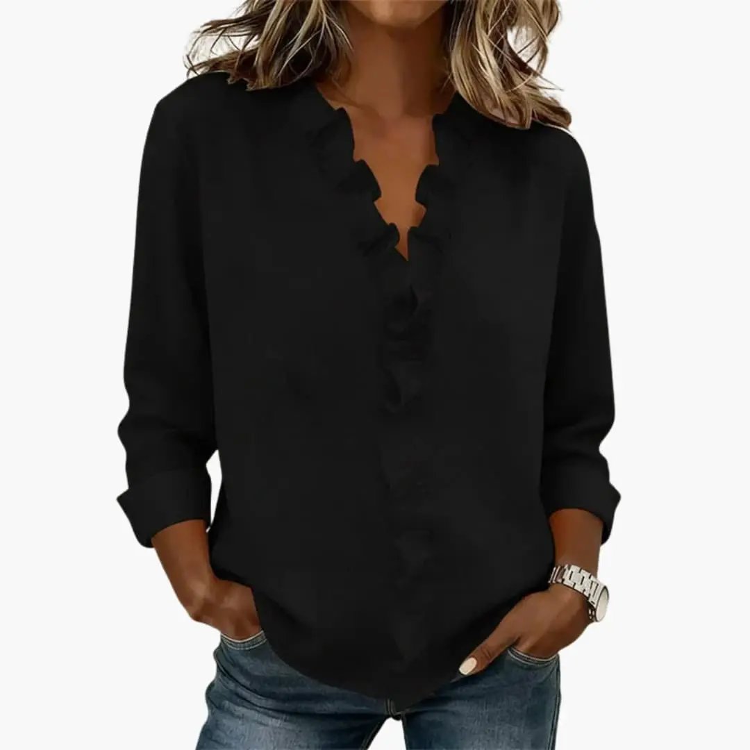 Women's Blouse with Ruffled V-Neck and Long Sleeves