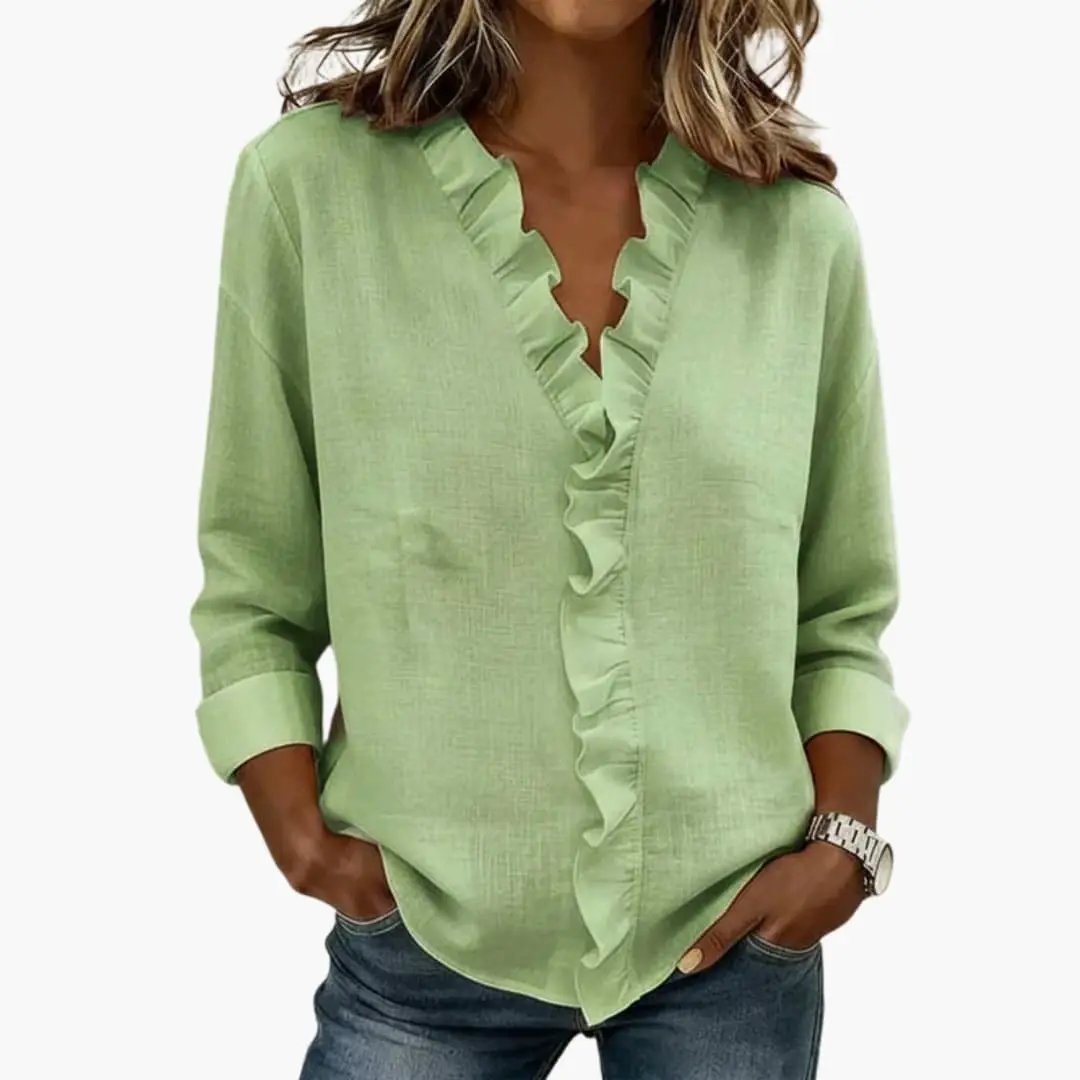 Women's Blouse with Ruffled V-Neck and Long Sleeves