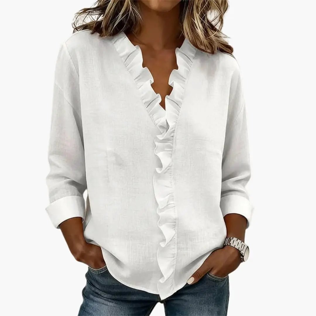 Women's Blouse with Ruffled V-Neck and Long Sleeves