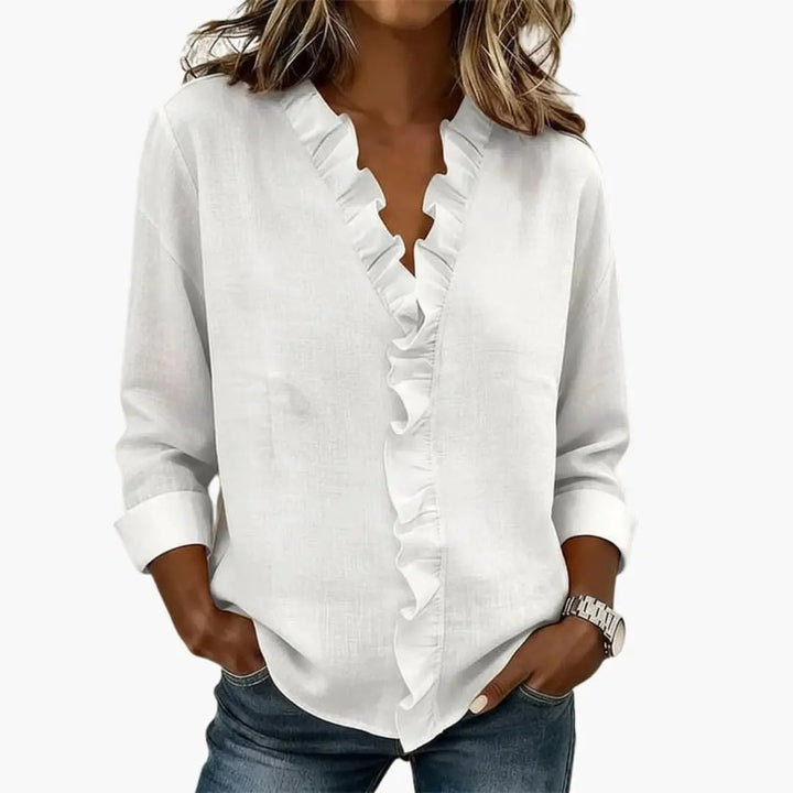 Women's Blouse with Ruffled V-Neck and Long Sleeves