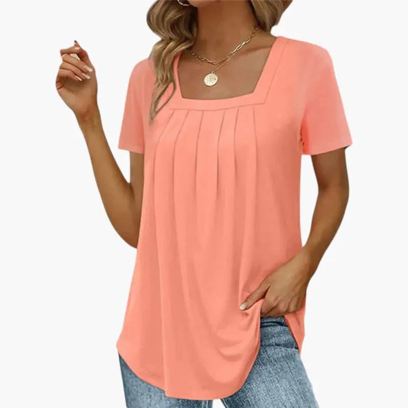 Women's Blouse with Square Neckline and Front Pleats