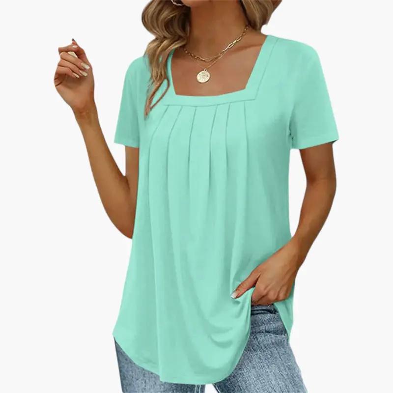 Women's Blouse with Square Neckline and Front Pleats