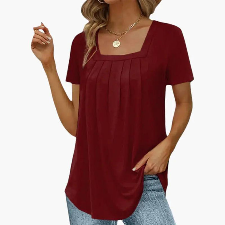 Women's Blouse with Square Neckline and Front Pleats