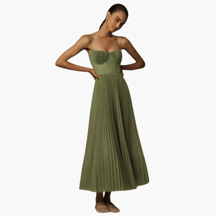 Women’s Bustier Midi Dress with Ruffled Tulle Skirt and Sleeveless Design