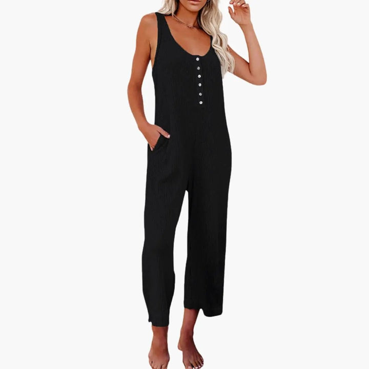 Women’s Button Front Jumpsuit with Pockets Sleeveless One Piece
