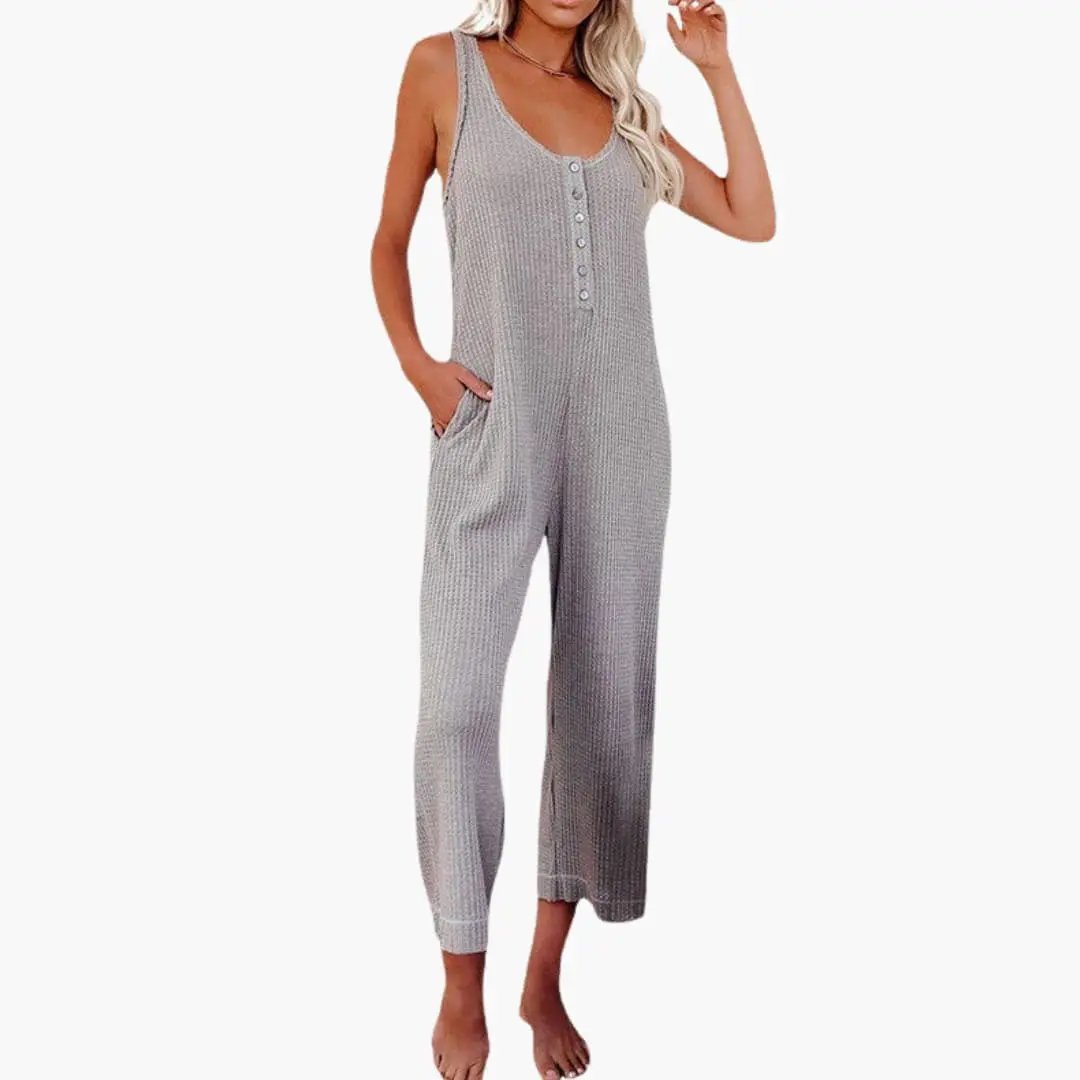 Women’s Button Front Jumpsuit with Pockets Sleeveless One Piece
