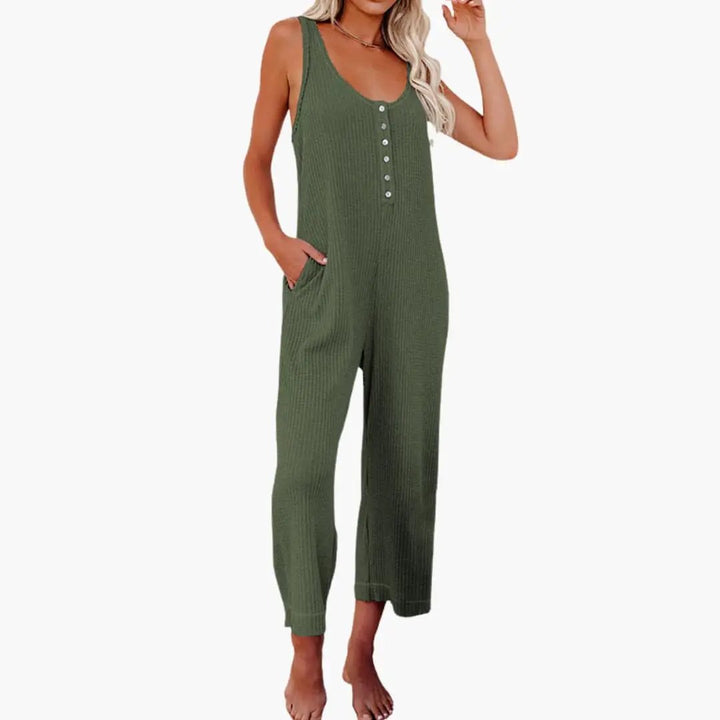 Women’s Button Front Jumpsuit with Pockets Sleeveless One Piece