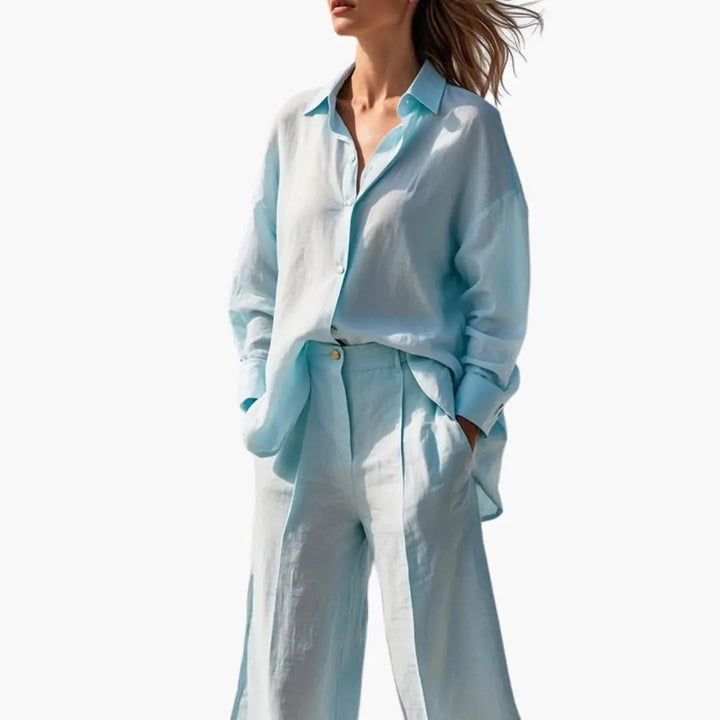 Women's Button Front Shirt and Wide Leg Trousers Two-Piece Set