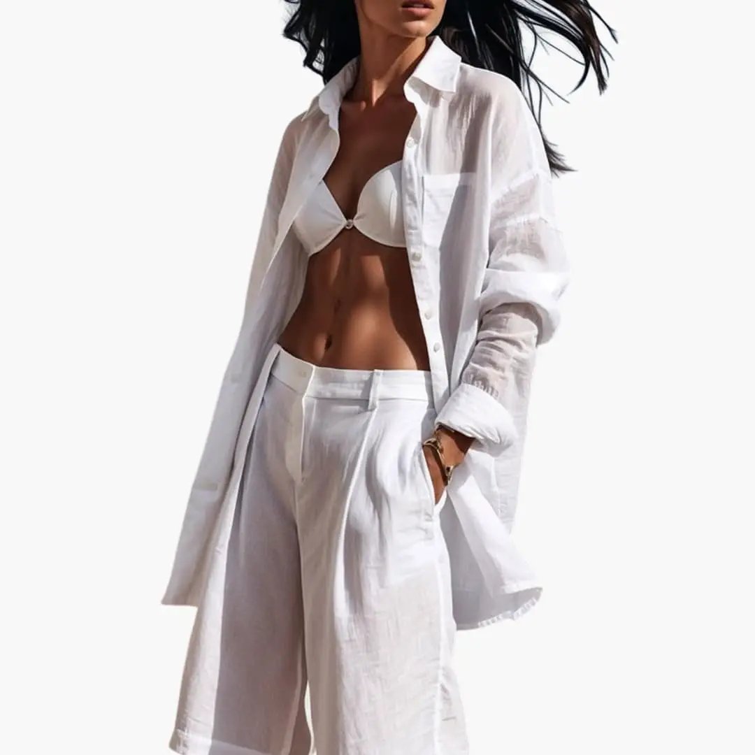 Women's Button Front Shirt and Wide Leg Trousers Two-Piece Set