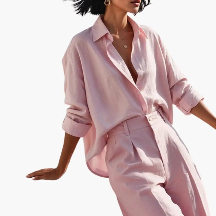 Women's Button Front Shirt and Wide Leg Trousers Two-Piece Set