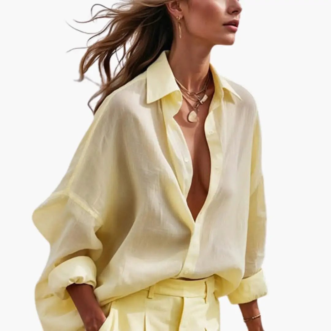 Women's Button Front Shirt and Wide Leg Trousers Two-Piece Set