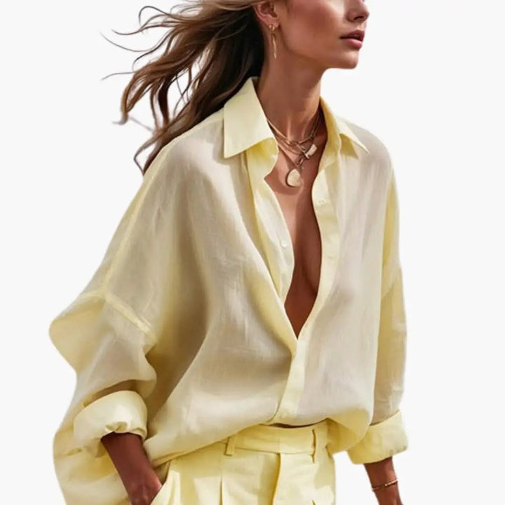 Women's Button Front Shirt and Wide Leg Trousers Two-Piece Set