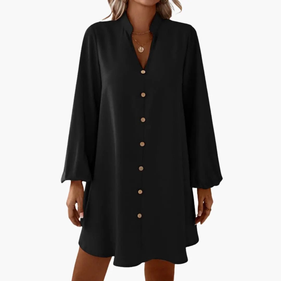 Women’s Button Front Short Dress with Puff Sleeves and Defined Waist
