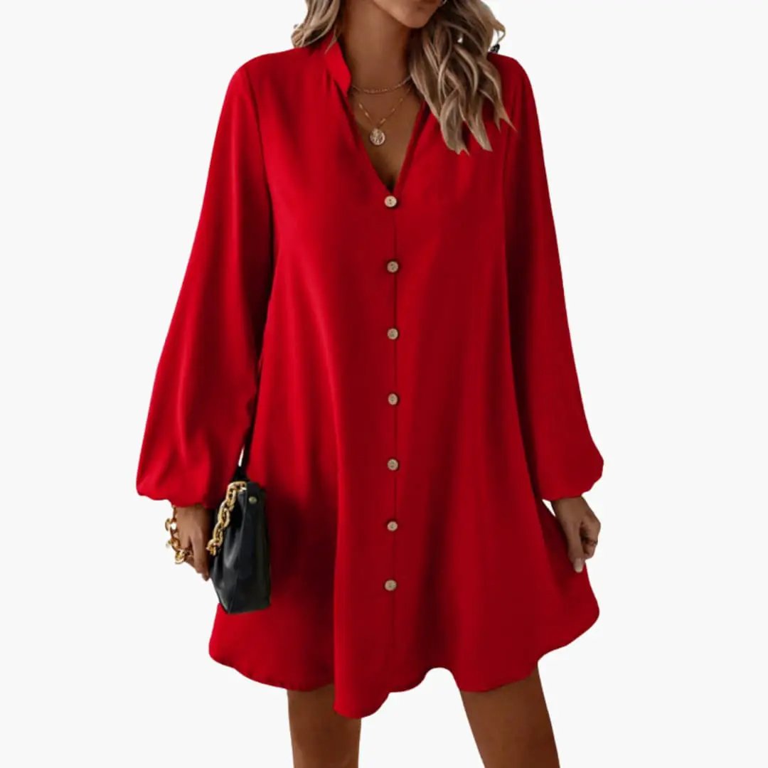 Women’s Button Front Short Dress with Puff Sleeves and Defined Waist
