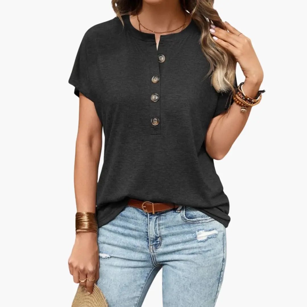 Women’s Button Front Short Sleeve T-Shirt – Crew Neck Top