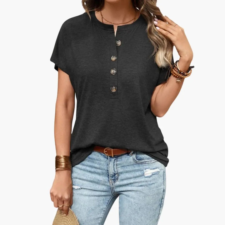 Women’s Button Front Short Sleeve T-Shirt – Crew Neck Top