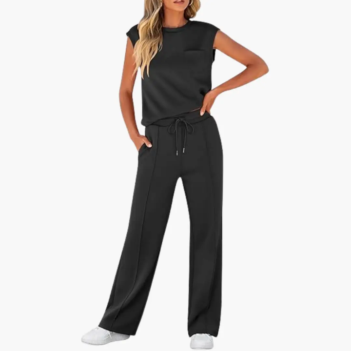 Women’s Cap Sleeve Two-Piece Set Round Neck Top with Drawstring Pants