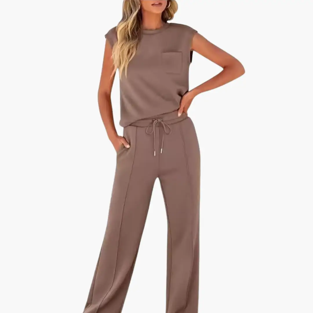 Women’s Cap Sleeve Two-Piece Set Round Neck Top with Drawstring Pants