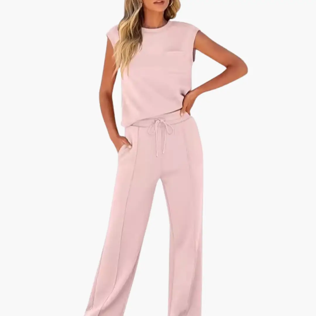Women’s Cap Sleeve Two-Piece Set Round Neck Top with Drawstring Pants