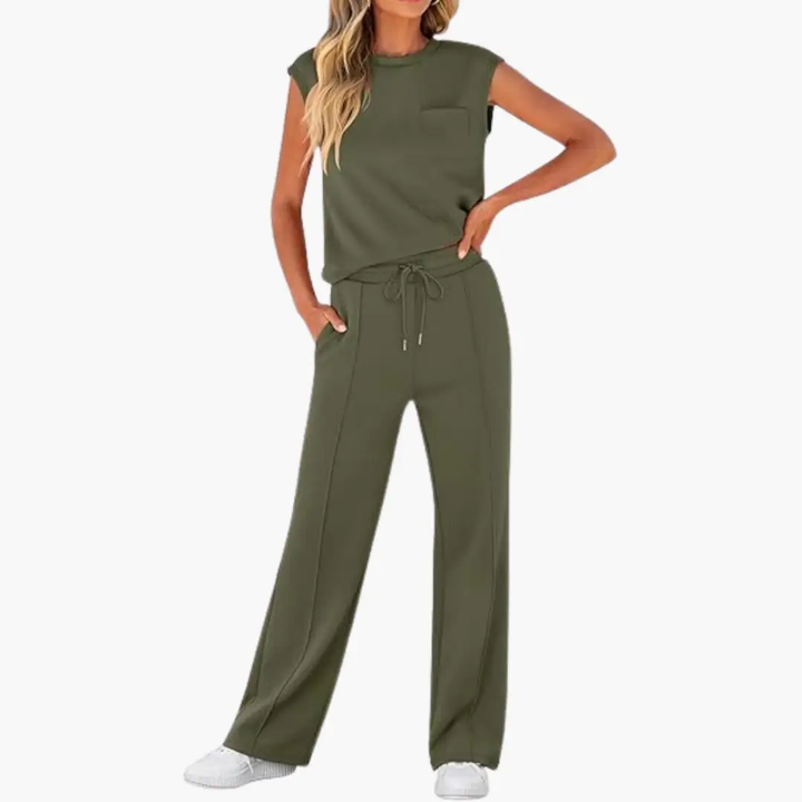 Women’s Cap Sleeve Two-Piece Set Round Neck Top with Drawstring Pants