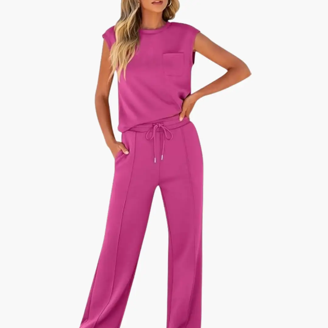 Women’s Cap Sleeve Two-Piece Set Round Neck Top with Drawstring Pants