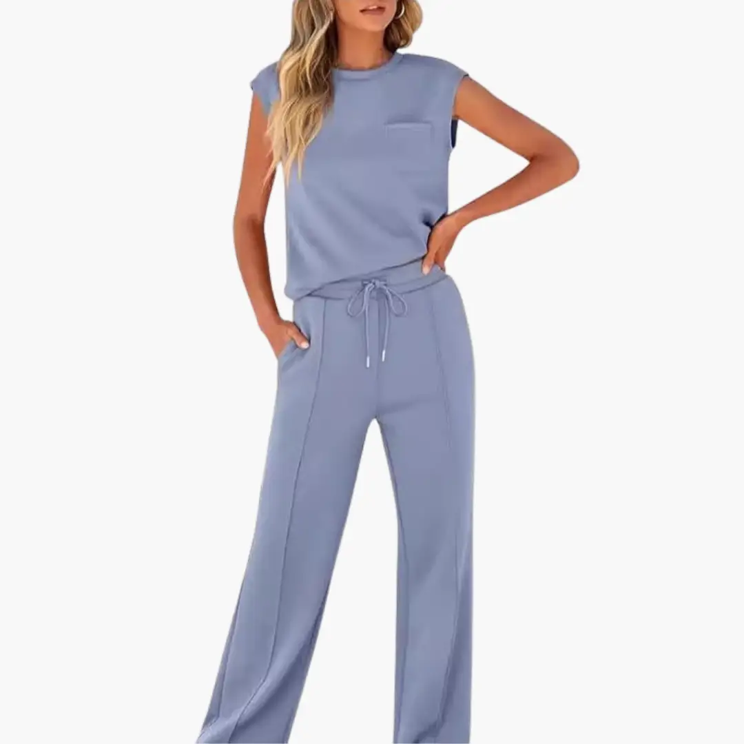Women’s Cap Sleeve Two-Piece Set Round Neck Top with Drawstring Pants